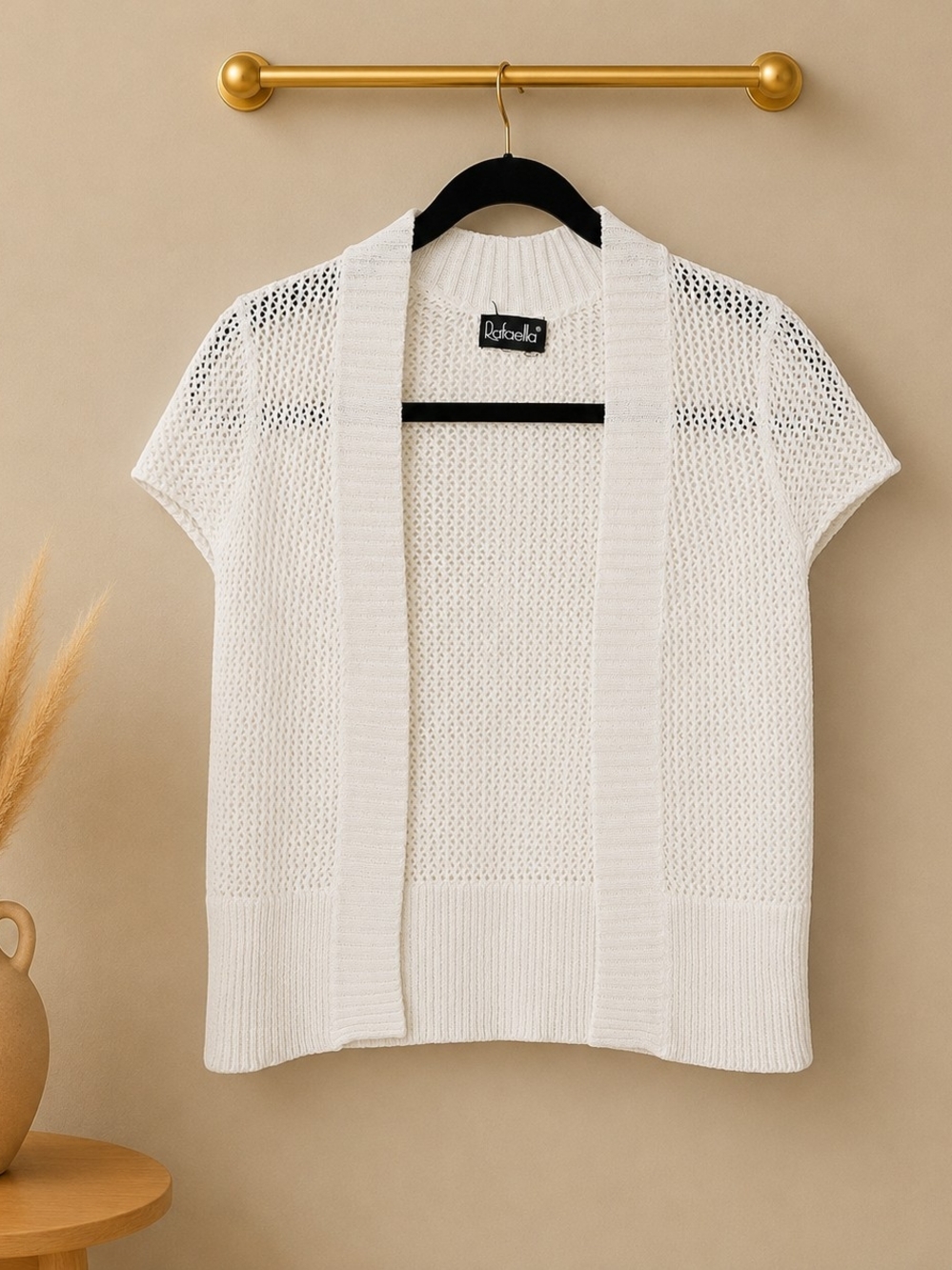 Rafaella Ivory Short-Sleeve Open-Front Knit Cardigan